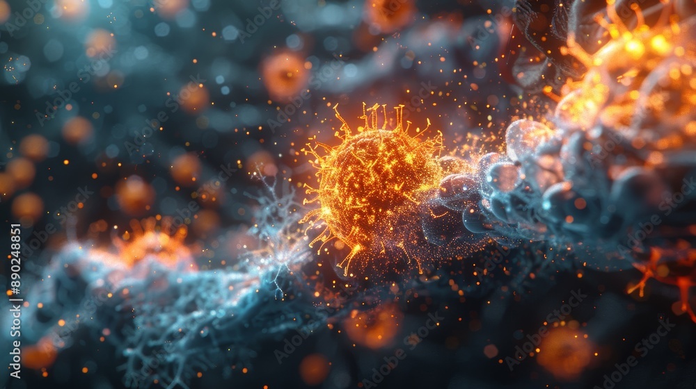 A scientific 3D visualization of a virus entering a cell and the cell's defense mechanism activating to prevent viral replication, showcasing the concept of resistance. A scientific 3D visualization of a virus entering a cell and the cell's defense mechanism activating to prevent viral replication, showcasing the concept of resistance.