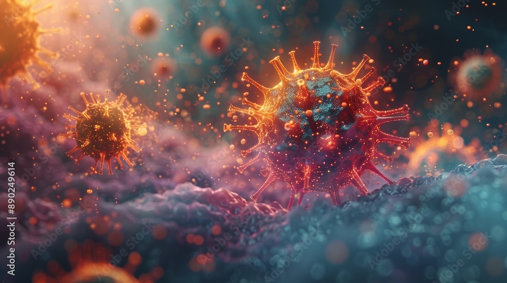 A conceptual 3D illustration of a virus invading a healthy cell, representing the beginning of a disease. A conceptual 3D illustration of a virus invading a healthy cell, representing the beginning of a disease.