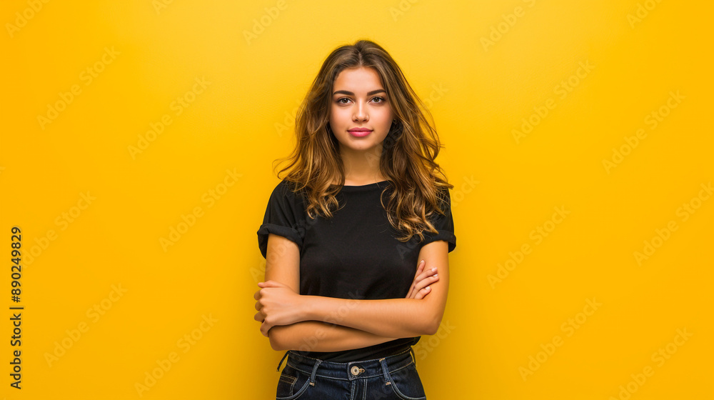 Portrait of confident adult woman in black t-shirt, standing with arms crossed on chest and self-assured motivated smile, looking at camera, standing against yellow background