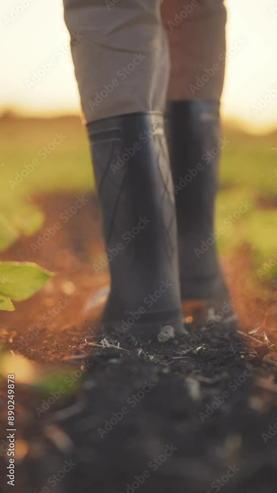 Closeup view of rubber boots on feet of female agronomist walking in farmland, rear view, slow motion. Woman farmer stepping on ground between rows with sprouts, against bright sun, eco agribusiness Closeup view of rubber boots on feet of female agronomist walking in farmland, rear view, slow motion. Woman farmer stepping on ground between rows with sprouts, against bright sun, eco agribusiness