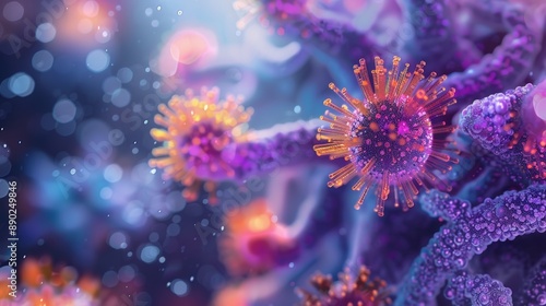 A vibrant 3D illustration of a virus with highlighted proteins, showcasing the focus on molecular biology and scientific research. photo