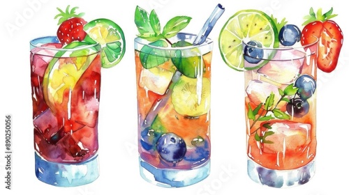 Watercolor Summer Cocktails: Refreshing Drink with Fresh Fruit in Hand Drawn Illustration