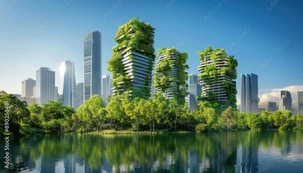 Green Skyscrapers Reflecting in City Lake on a Sunny Day Green Skyscrapers Reflecting in City Lake on a Sunny Day