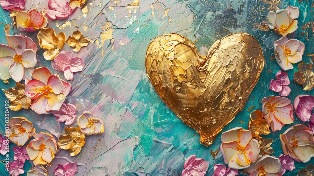 Golden Heart on Floral Background Golden Heart on Floral Background