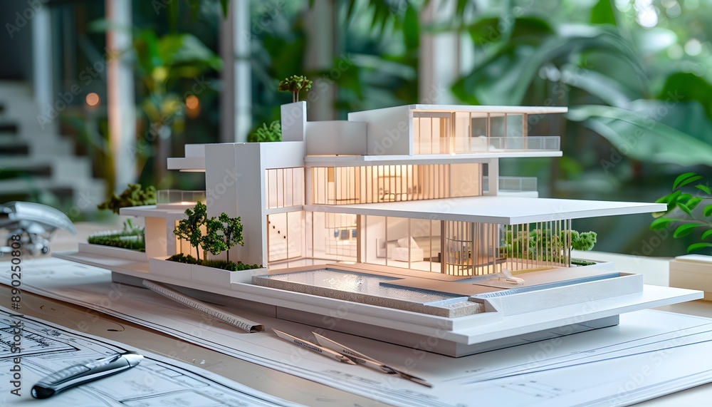 A model of an elegant modern house with a pool and garden, surrounded by blueprints on white paper A model of an elegant modern house with a pool and garden, surrounded by blueprints on white paper