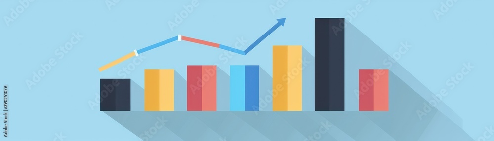 Colorful bar chart with line graph on blue background representing data analysis, business growth, and financial trends. Colorful bar chart with line graph on blue background representing data analysis, business growth, and financial trends.