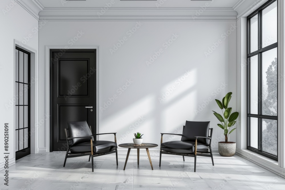 Minimalist interior of living room with black armchairs, coffee table and white walls mock up, empty space for your design or presentation. Minimalist interior of living room with black armchairs, coffee table and white walls mock up, empty space for your design or presentation.