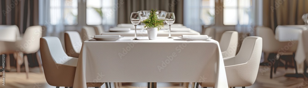 Fototapeta premium Elegant restaurant dining table setup with white tablecloth, wine glasses, and cutlery in a cozy atmosphere ready for guests.