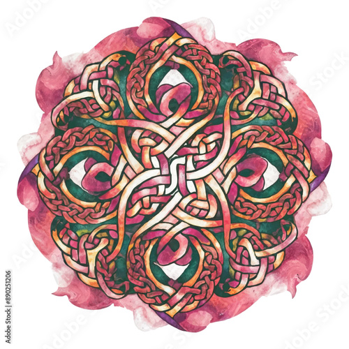 Intricate Celtic knot design with pink and green watercolor background