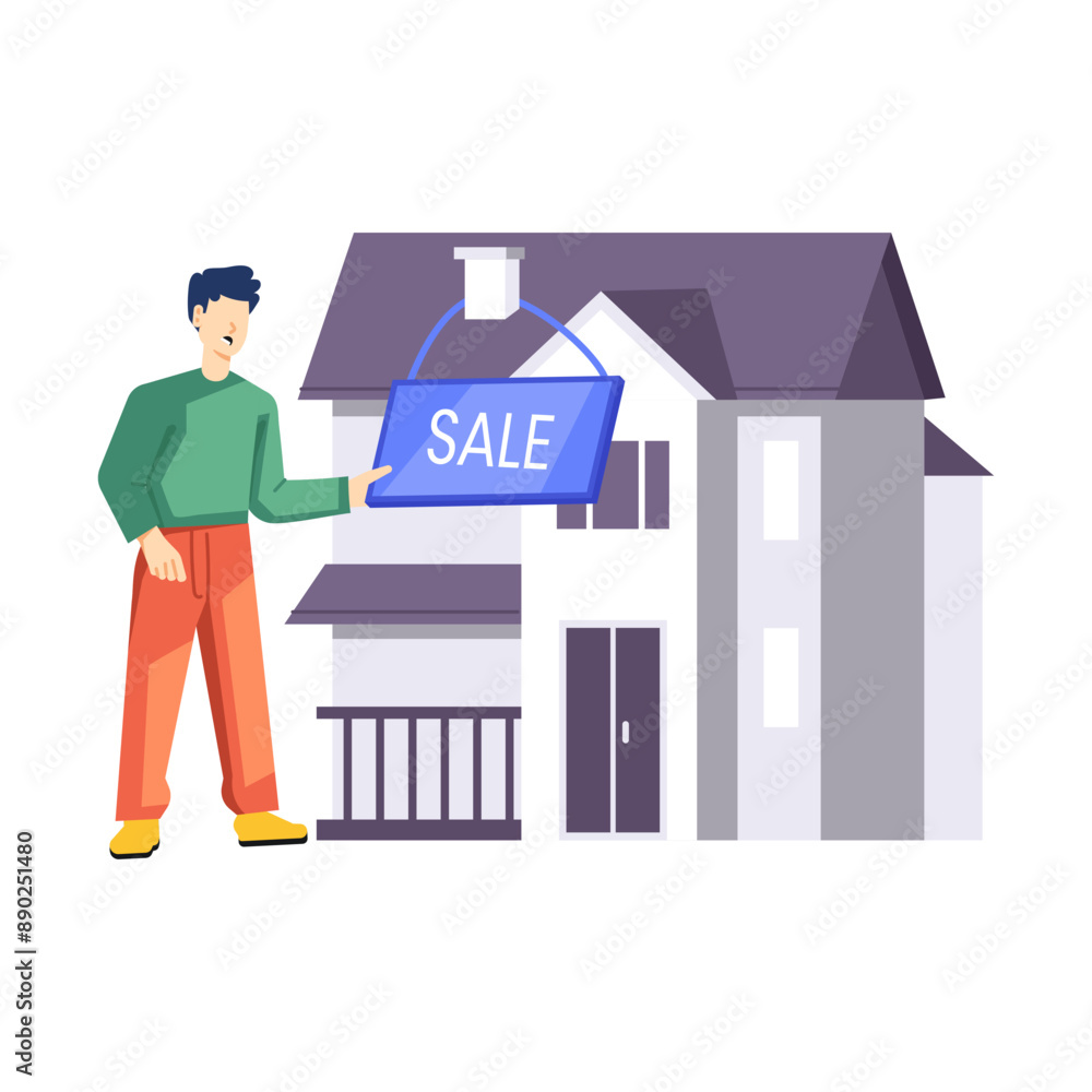 Man reading property sale sign, flat illustration Man reading property sale sign, flat illustration