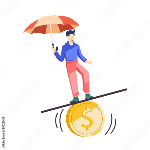 Man balancing on coin with umbrella, instability concept flat illustration 

