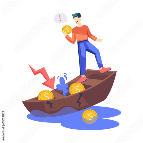 Man standing on a broken boat, economy collapse flat illustration 