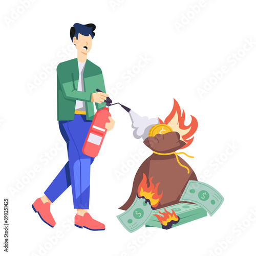 Man controlling burning costs with fire extinguisher, flat illustration 

