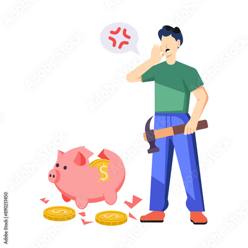 Man with broken piggy bank, financial crisis flat illustration 

