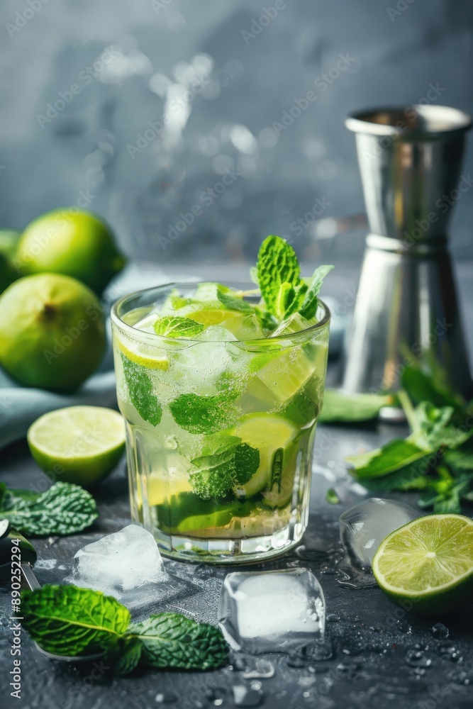 The mojito, garnished with mint and lime, sparkles with ice cubes against the grey concrete backdrop. The mojito, garnished with mint and lime, sparkles with ice cubes against the grey concrete backdrop.