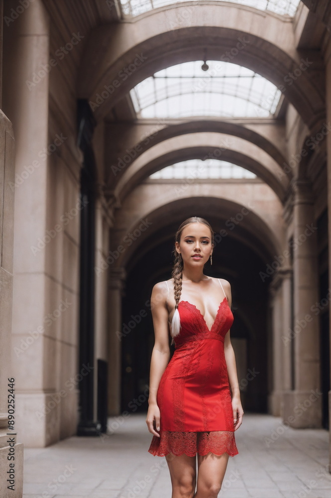 A woman stands with poise in a stylish red dress, white stocking and high heels, her hair braided over one shoulder, adorned with a striking setting of an arcade-style corridor A woman stands with poise in a stylish red dress, white stocking and high heels, her hair braided over one shoulder, adorned with a striking setting of an arcade-style corridor