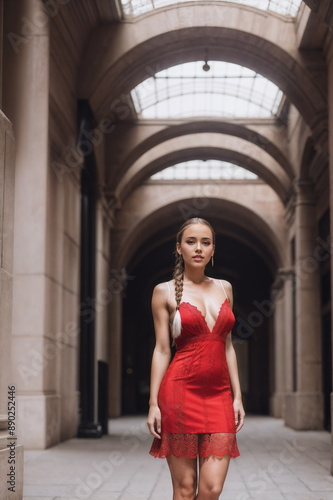 A woman stands with poise in a stylish red dress, white stocking and high heels, her hair braided over one shoulder, adorned with a striking setting of an arcade-style corridor Free Download A woman stands with poise in a stylish red dress, white stocking and high heels, her hair braided over one shoulder, adorned with a striking setting of an arcade-style corridor - GFXLoad