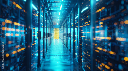 A computer server room with a yellow door
