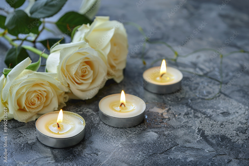 Beautiful white roses and burning candles on a gray stone table, in the style of space for text stock photo contest winner, commercial photography, beautiful, elegant, feminine, delicate, romantic, cl Beautiful white roses and burning candles on a gray stone table, in the style of space for text stock photo contest winner, commercial photography, beautiful, elegant, feminine, delicate, romantic, cl