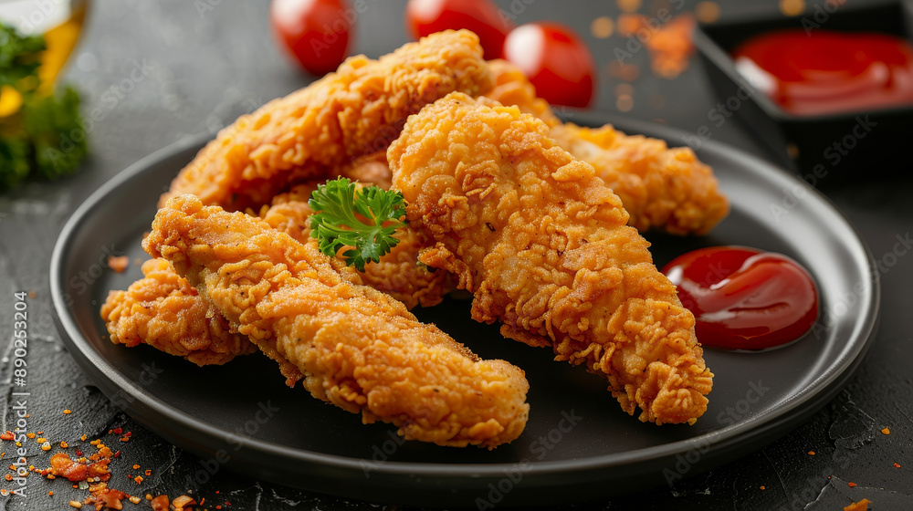 Board with tasty fried popcorn chicken, served with sauce and basil, set against a DARK background. Board with tasty fried popcorn chicken, served with sauce and basil, set against a DARK background.