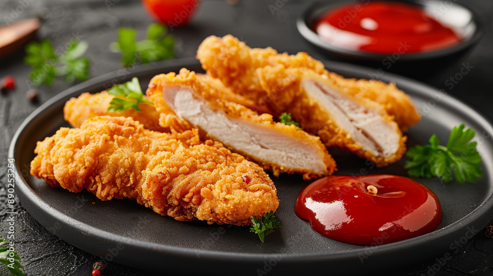 Board with tasty fried popcorn chicken, served with sauce and basil, set against a DARK background. Board with tasty fried popcorn chicken, served with sauce and basil, set against a DARK background.