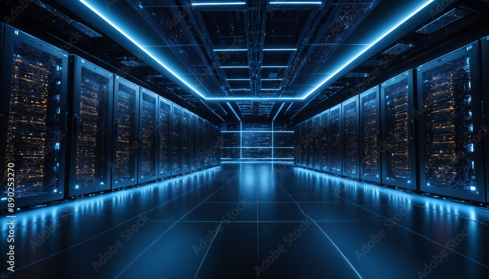 A contemporary data center illuminated by blue LED lights, featuring rows of high-performance servers and network equipment that power cloud computing and internet services. A contemporary data center illuminated by blue LED lights, featuring rows of high-performance servers and network equipment that power cloud computing and internet services.