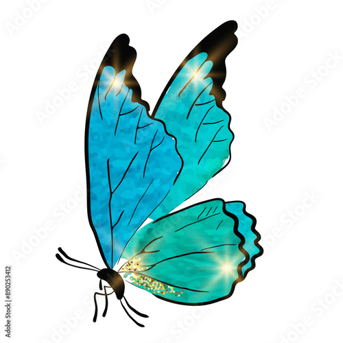 Blue Butterfly with gold shimmer and light on wings. Hand write illustration watercolor style. Isolated Vector illustration on white background.