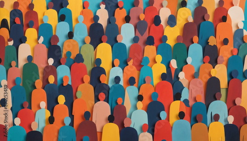 A sea of colorful, faceless figures representing a large crowd gathered together at an outdoor setting, possibly symbolizing diversity or unity in a group photo