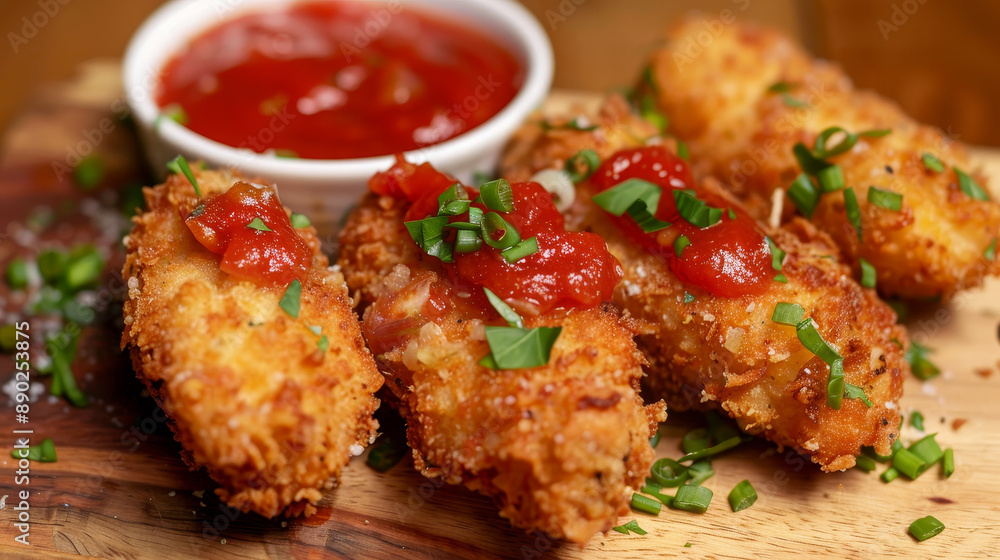 Board with tasty fried popcorn chicken, served with sauce and basil, set against a colorful background. Board with tasty fried popcorn chicken, served with sauce and basil, set against a colorful background.