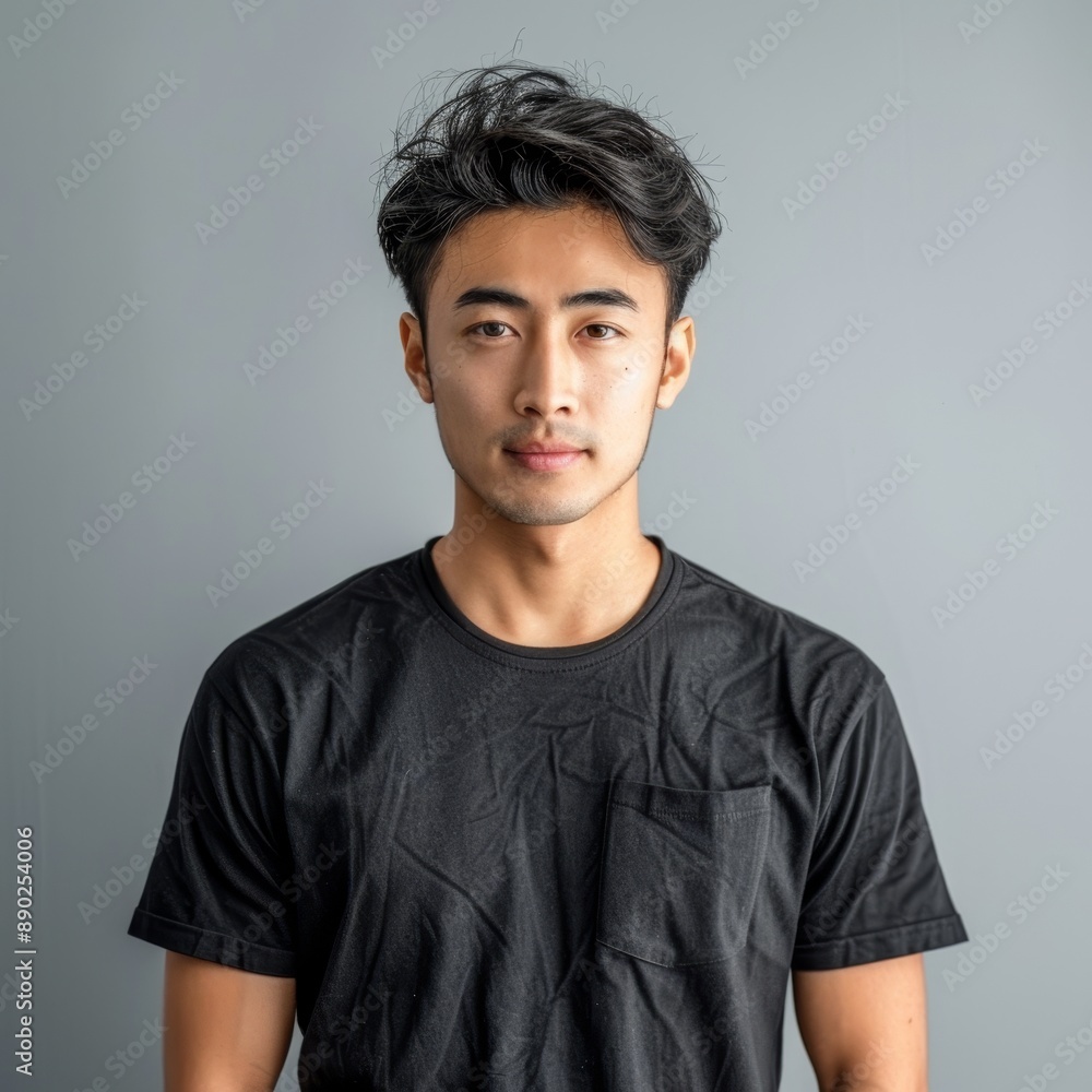 Fototapeta premium Young Man Wearing Black T-Shirt in Front of a Gray Background