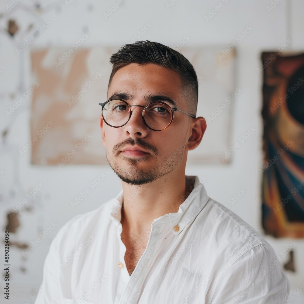A Young Man Wearing Glasses Stands in Front of a White Wall A Young Man Wearing Glasses Stands in Front of a White Wall