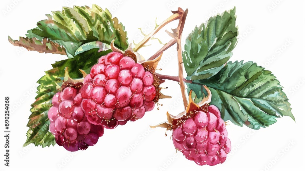 Watercolor Illustration of Ripe Raspberries on a Branch Watercolor Illustration of Ripe Raspberries on a Branch