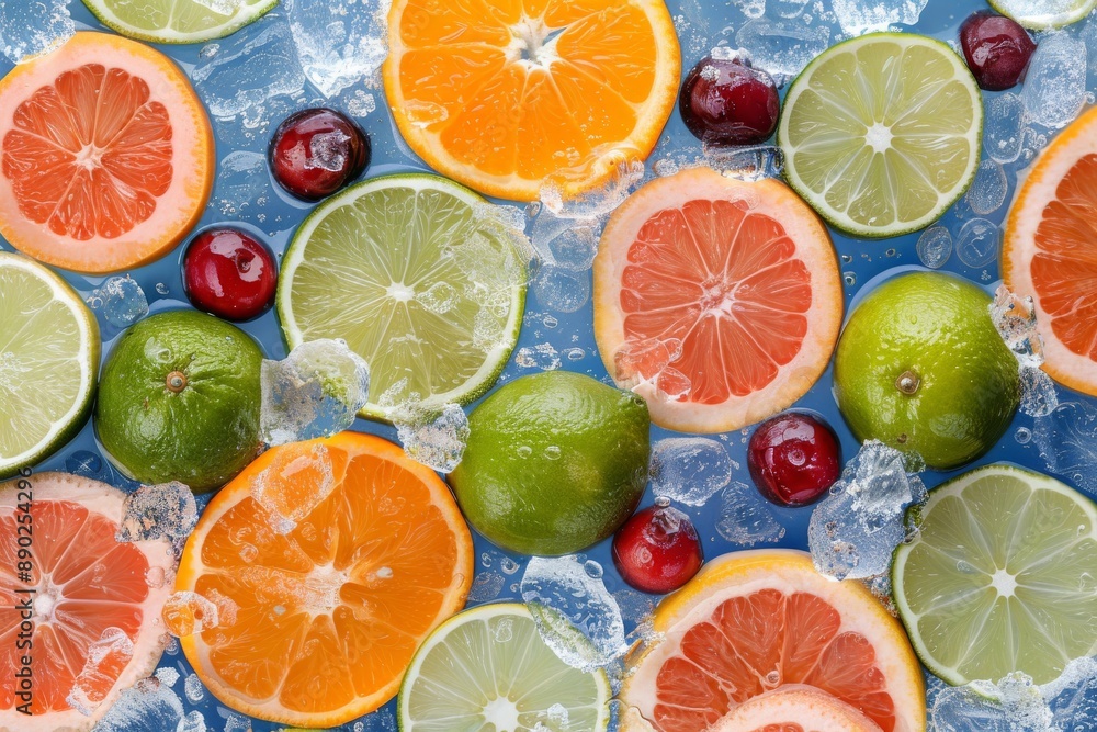 Fresh citrus fruit slices arranged on a wet surface showcasing the variety and juiciness of different fruits Fresh citrus fruit slices arranged on a wet surface showcasing the variety and juiciness of different fruits