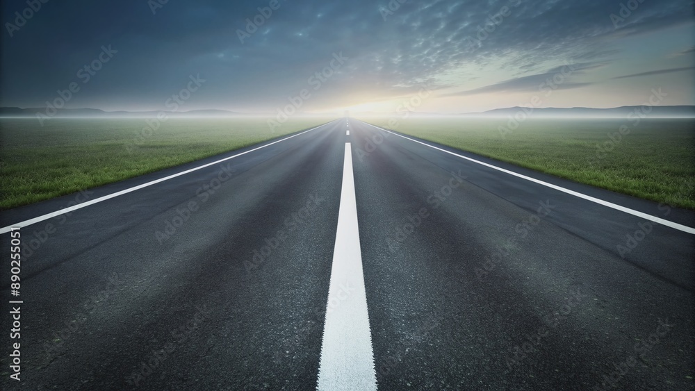 Naklejka premium Dark grey asphalt road stretches to horizon, lined with bright white markings, surrounded by blurred greenery, creating a sleek and modern abstract background texture.