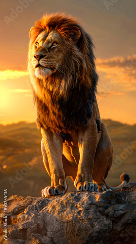 Regal Majesty: The Lion's Vigilant Gaze Over the African Plains at Sunset