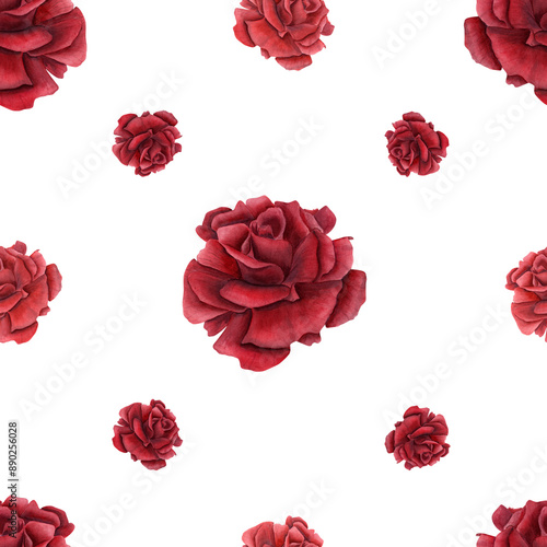 Rose head seamless pattern. Deep red flowers. Simple geometric ornate. Summer ruby plants. Realistic blooming scarlet roses. Watercolor illustration for wedding design, memorial day