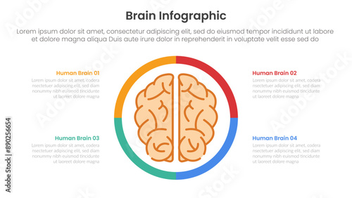 human brain infographic template banner with human brain top view with line style on circle matrix with 4 point list information for slide presentation