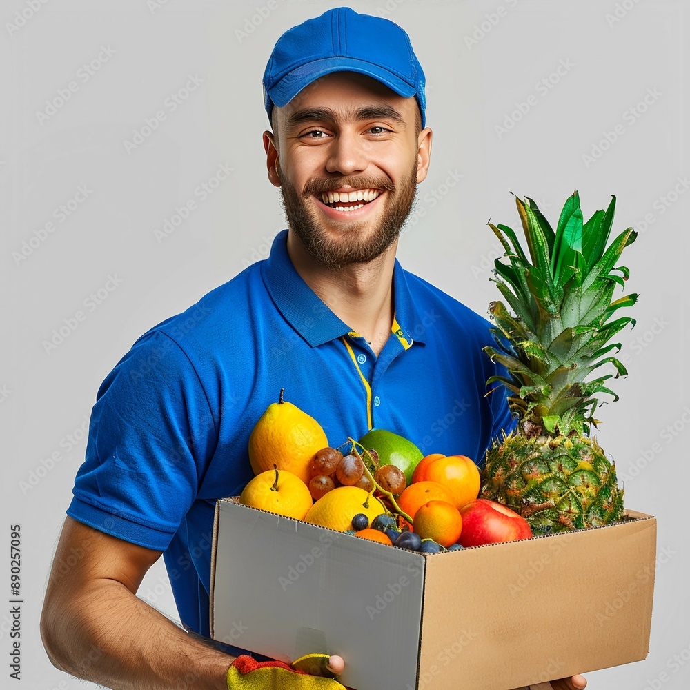 Pumped up, handsome man. Delivery man Smiling, holding an open box filled with bright, tropical fruits Pumped up, handsome man. Delivery man Smiling, holding an open box filled with bright, tropical fruits