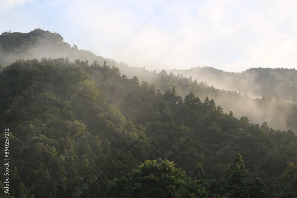 霧に包まれた群馬県の山間 霧に包まれた群馬県の山間