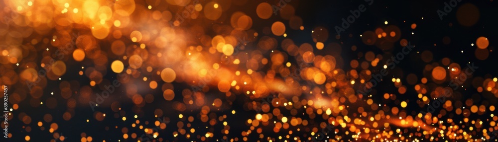 Abstract glowing golden bokeh lights and sparkling particles on a dark background, creating a festive and magical atmosphere. Abstract glowing golden bokeh lights and sparkling particles on a dark background, creating a festive and magical atmosphere.