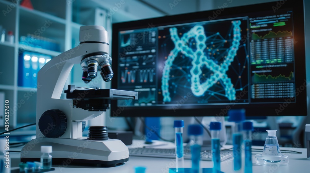 Microscope and Computer Screen Displaying DNA Structure in a Research Lab Microscope and Computer Screen Displaying DNA Structure in a Research Lab