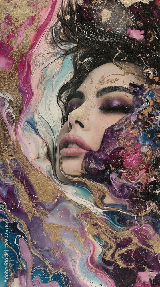 Ethereal Woman Adorned in Gold Leafs and Marble Amidst a Vivid Alcohol Ink Canvas Ethereal Woman Adorned in Gold Leafs and Marble Amidst a Vivid Alcohol Ink Canvas