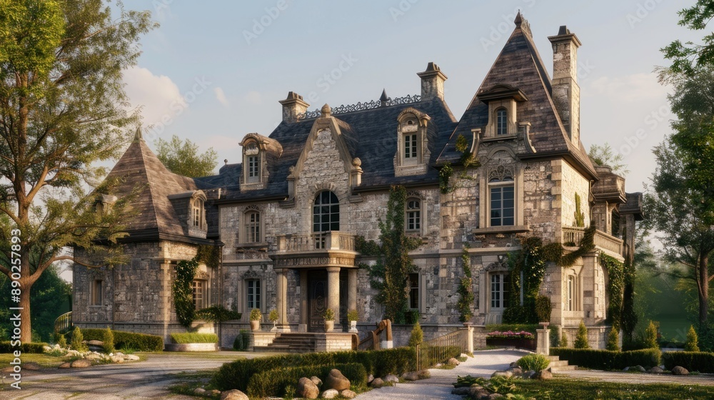 Create a prompt for a photo realistic image of a French country manor with stone walls, steeply pitched roof, and symmetrical windows Create a prompt for a photo realistic image of a French country manor with stone walls, steeply pitched roof, and symmetrical windows