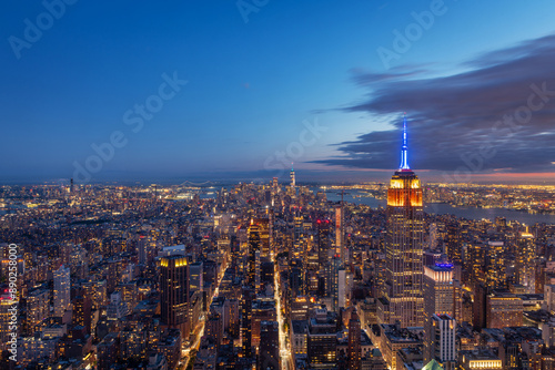 Aerial view of the Empire State Building and downtown Manhattan at dusk, New York City.