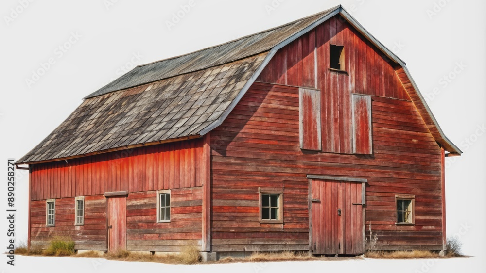 Rustic isolated red barn with weathered wooden boards and sloping roof stands solo against a pure white or transparent backdrop. Rustic isolated red barn with weathered wooden boards and sloping roof stands solo against a pure white or transparent backdrop.