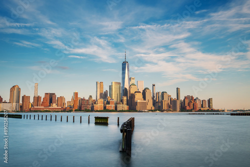 Long exposure of the Manhattan skyline viewed from Hoboken, New Jersey, at dusk.