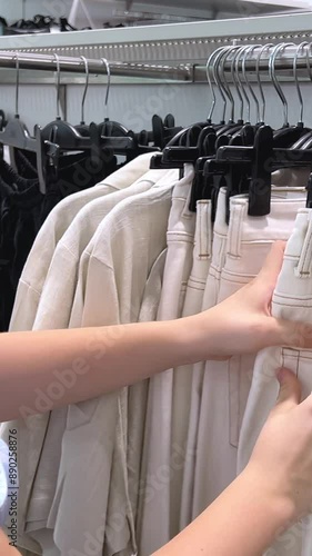 Woman is shopping for casual clothes fashionable women's clothing store, in boutique inspecting differents blouses price tags and the quality of fabric. Shopping in Clothing Store. photo