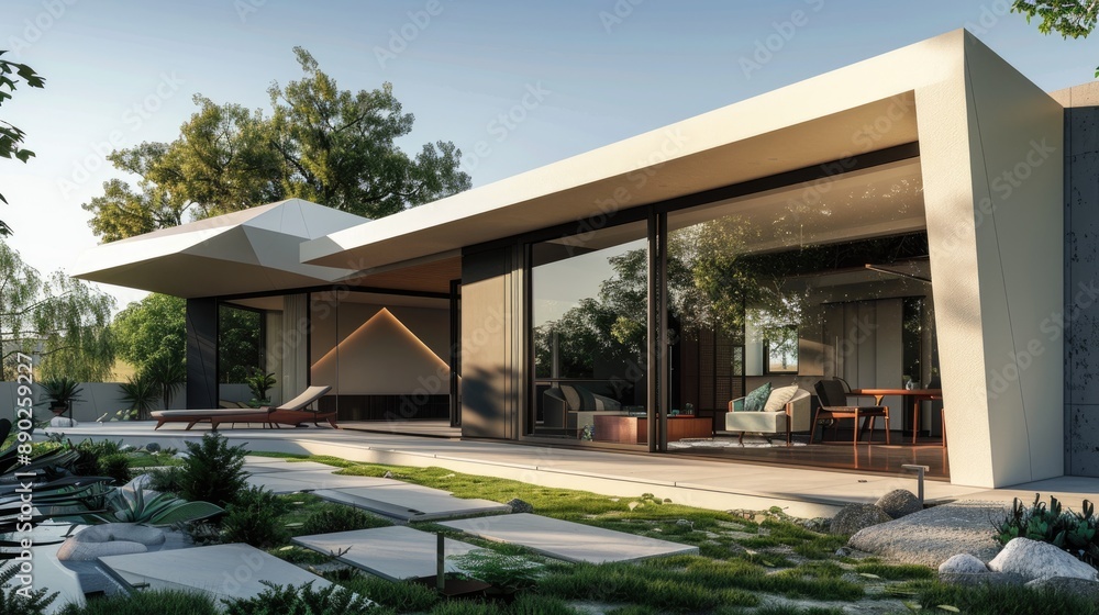 Fototapeta premium A contemporary home with a unique geometric design, large sliding glass doors, and a minimalist garden.