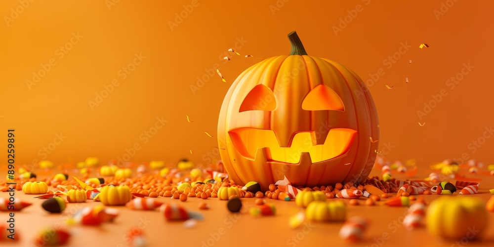 Smiling Halloween Pumpkin Surrounded by Candy Smiling Halloween Pumpkin Surrounded by Candy