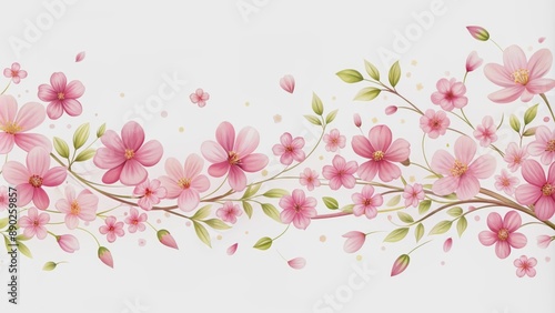 Delicate, whimsical illustration of flying pink flowers and petals forming a beautiful, intricate floral border against a pure white background.